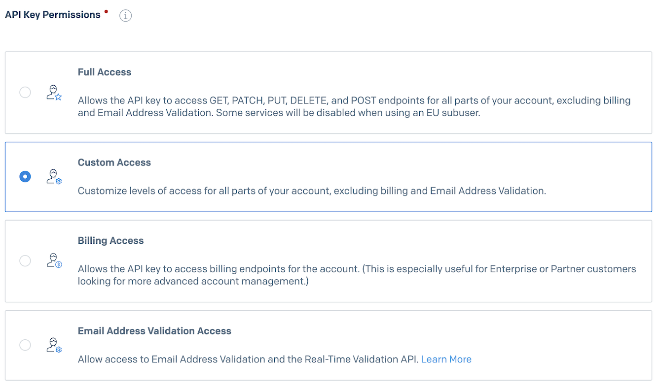 Custom Access selected for API key permissions