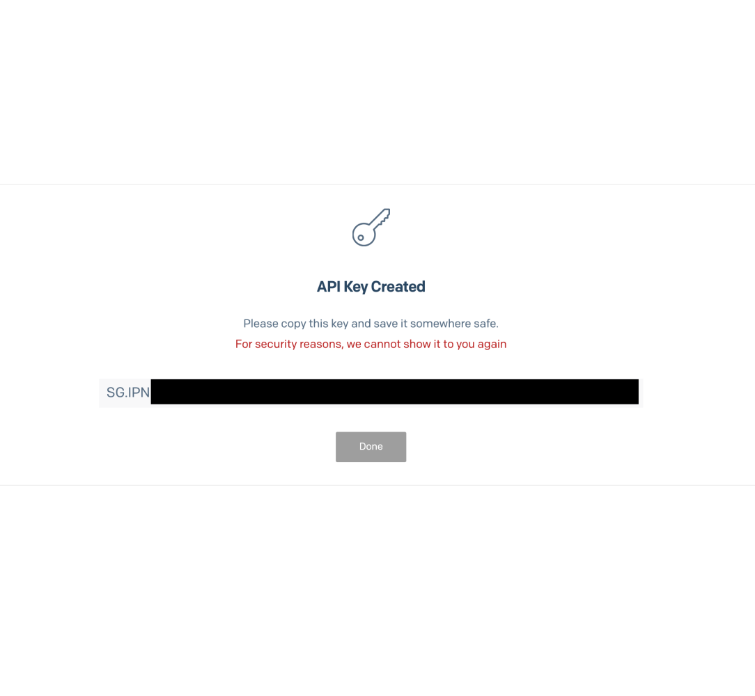 Newly created API key shown once in SendGrid