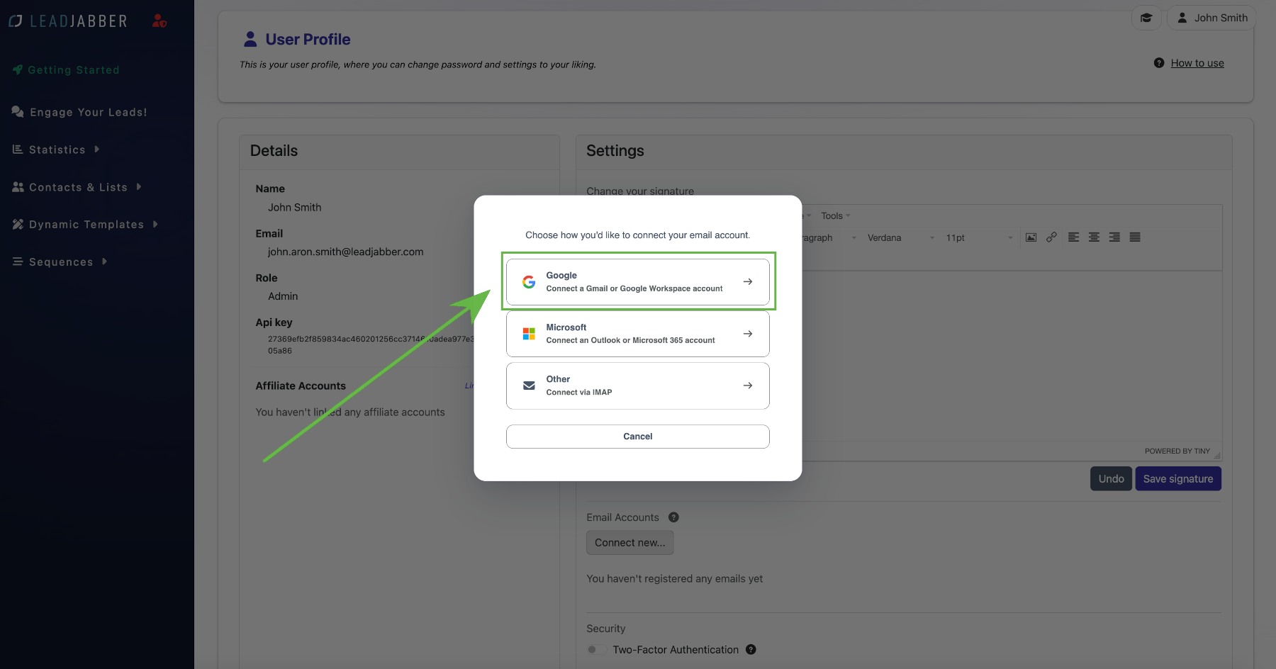 Choice between Google, Microsoft and Other when connecting an email account