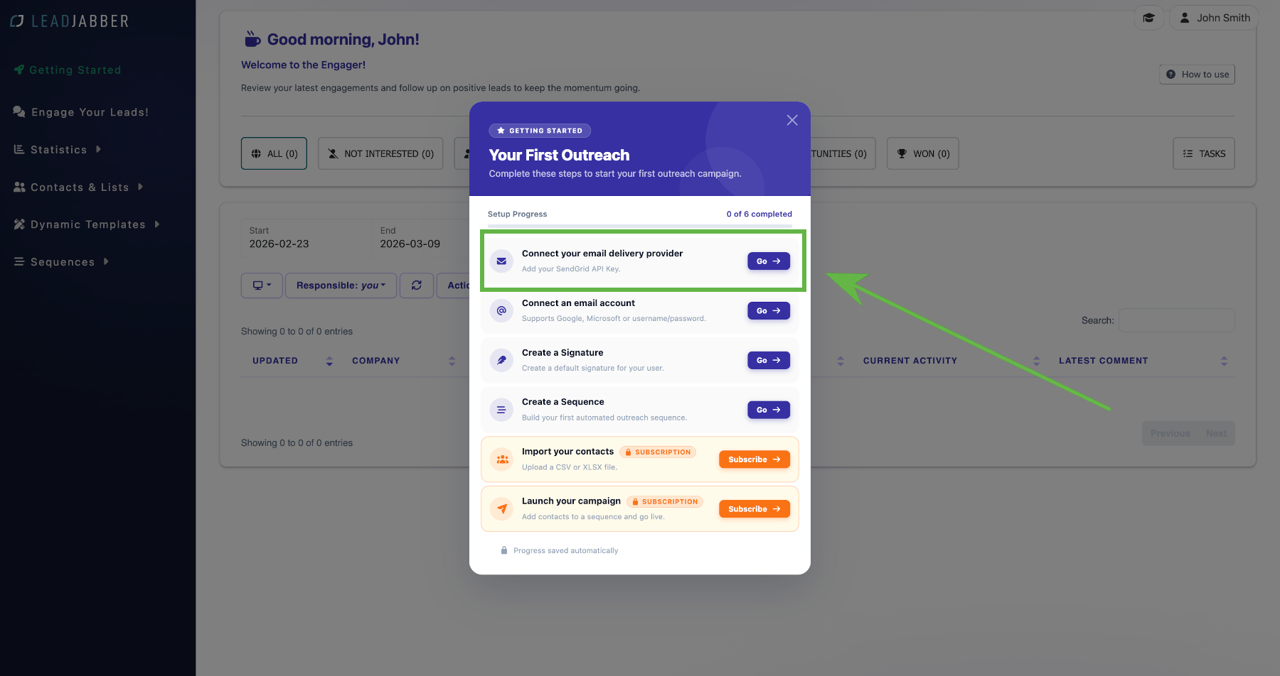 Getting started menu with the Connect your email delivery provider step
