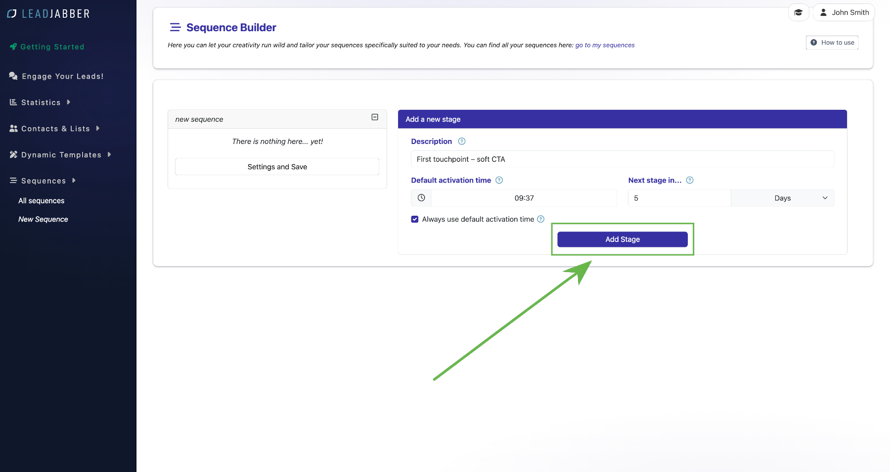 Add Stage button in the Sequence Builder