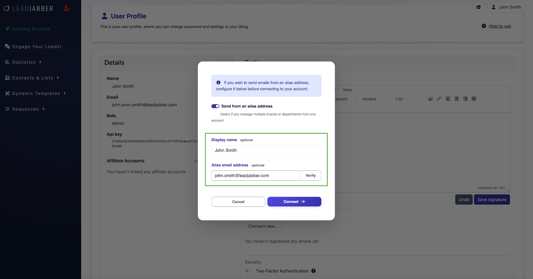 Fields for sender name and alias email address