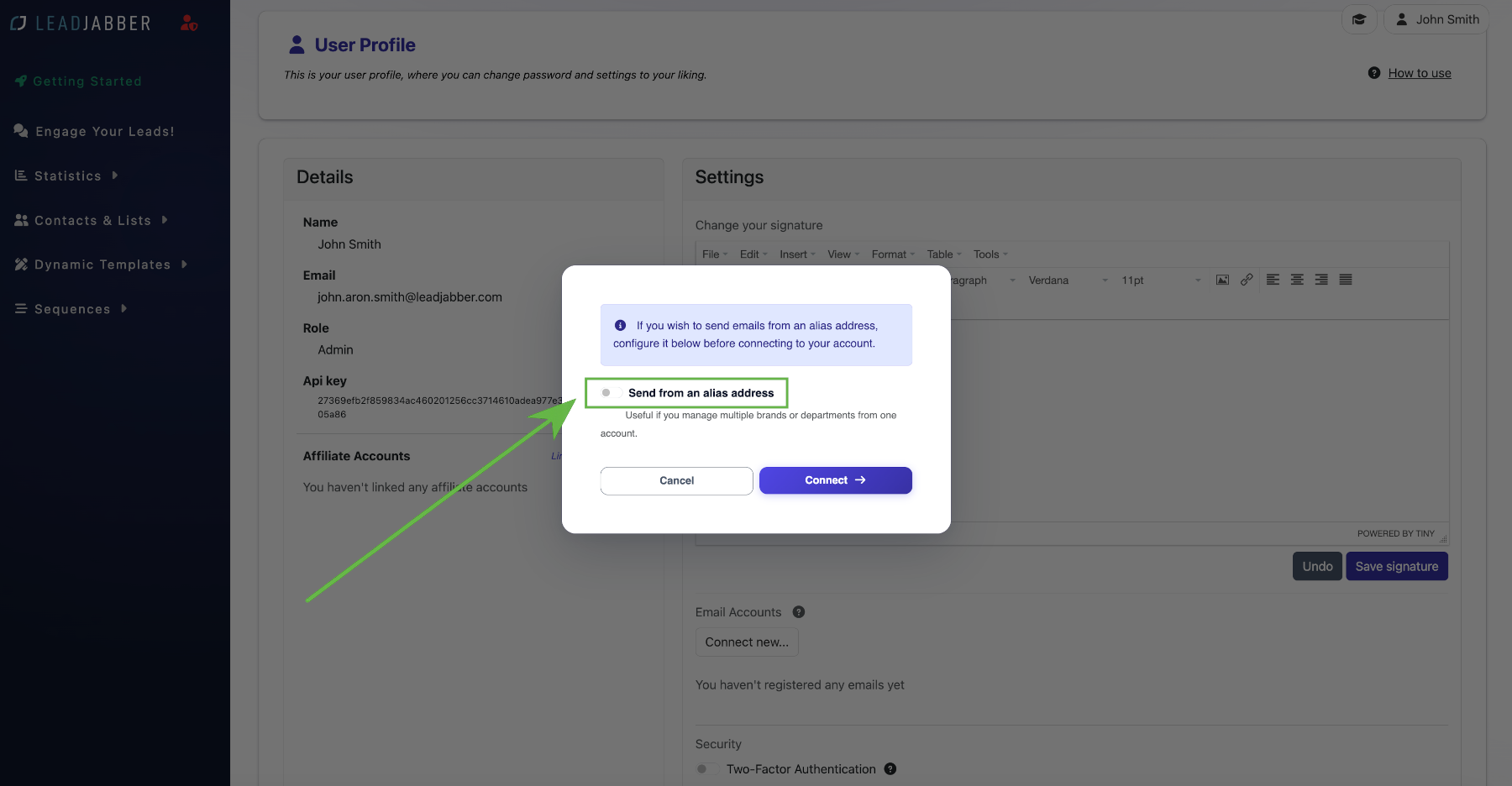 Option to send from an alias address before connecting