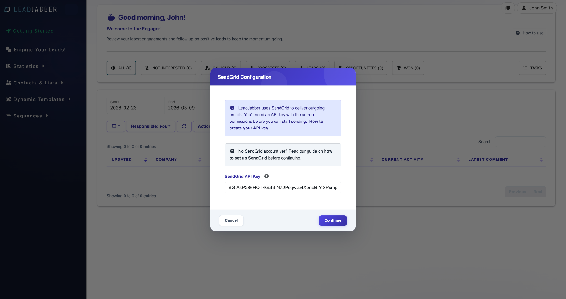 SendGrid API key pasted into the field