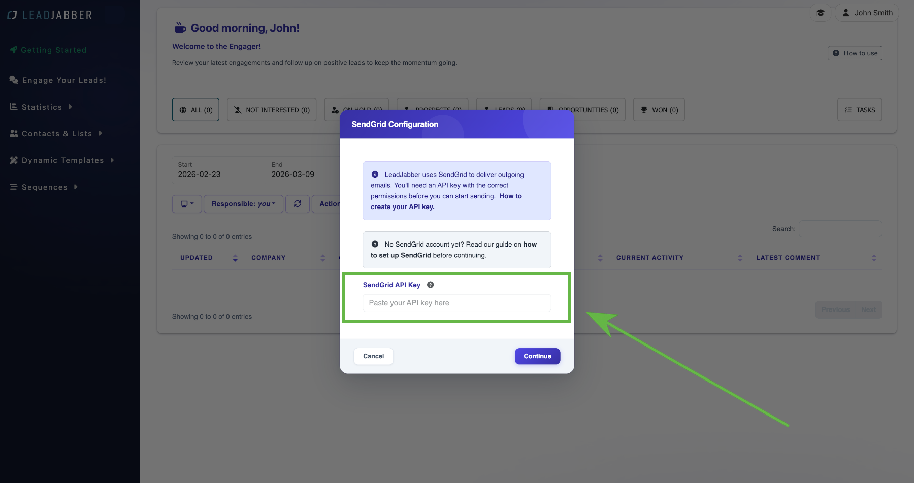 Empty field for the SendGrid API key