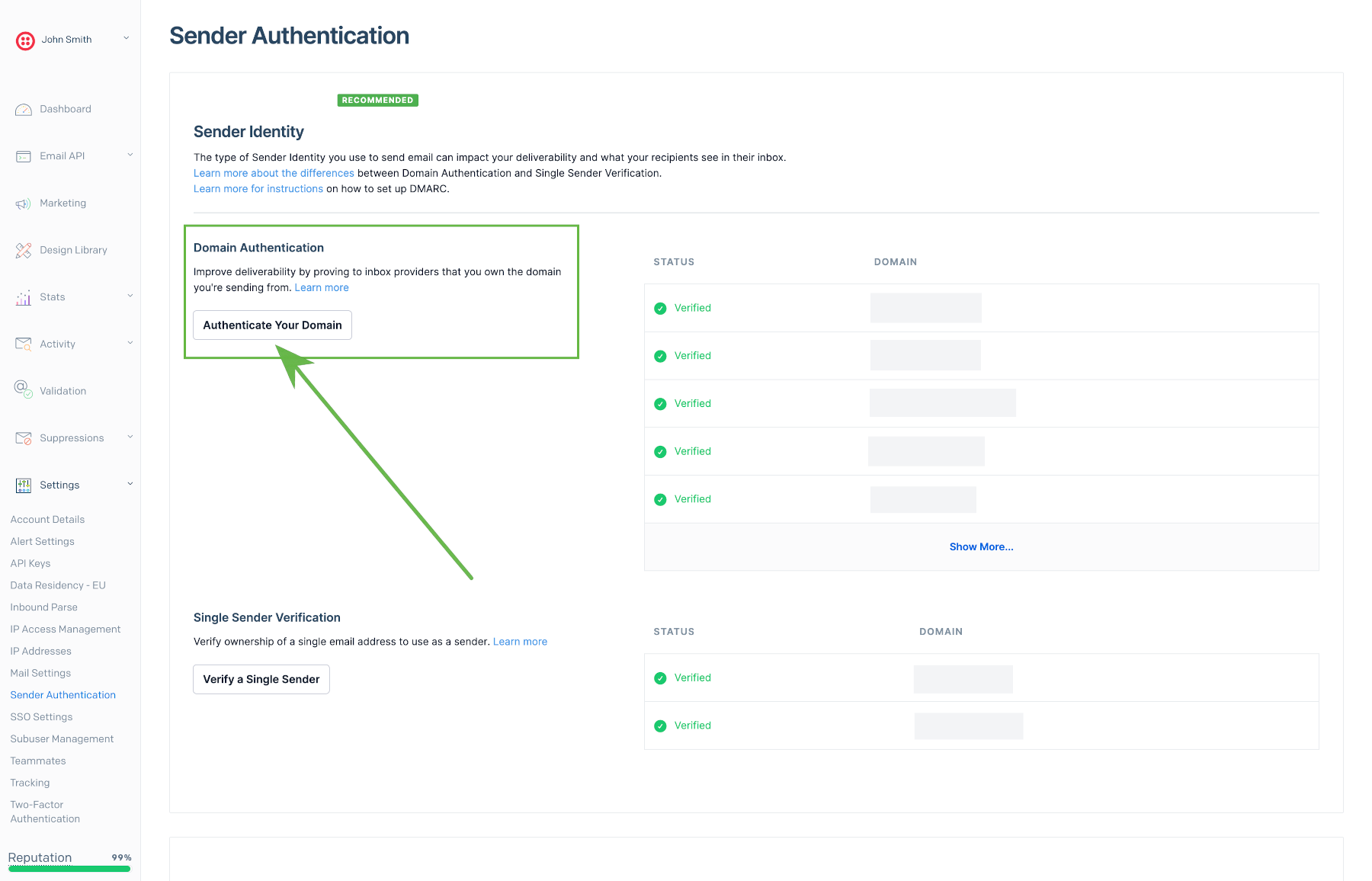 Authenticate Your Domain button