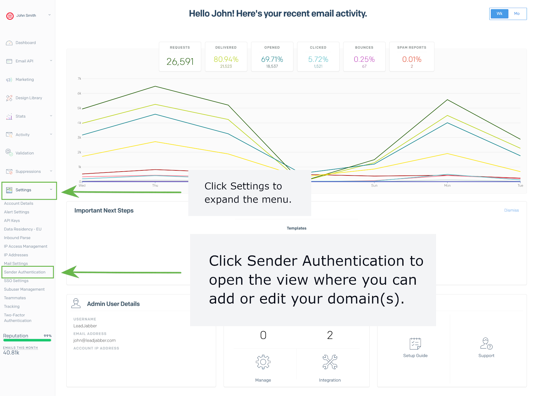 Sender Authentication in the SendGrid Settings menu