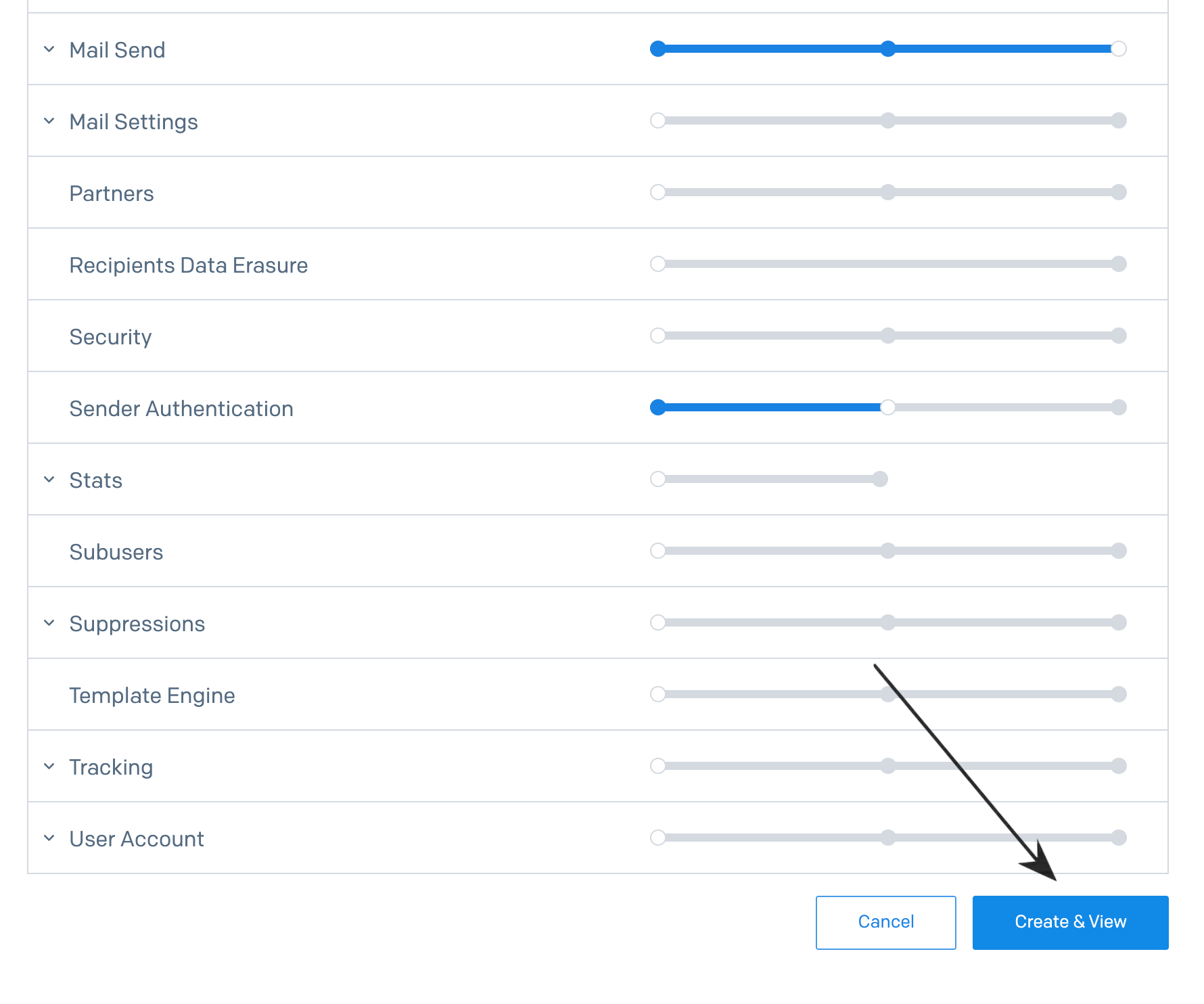 Create and View button at the bottom of the permissions list