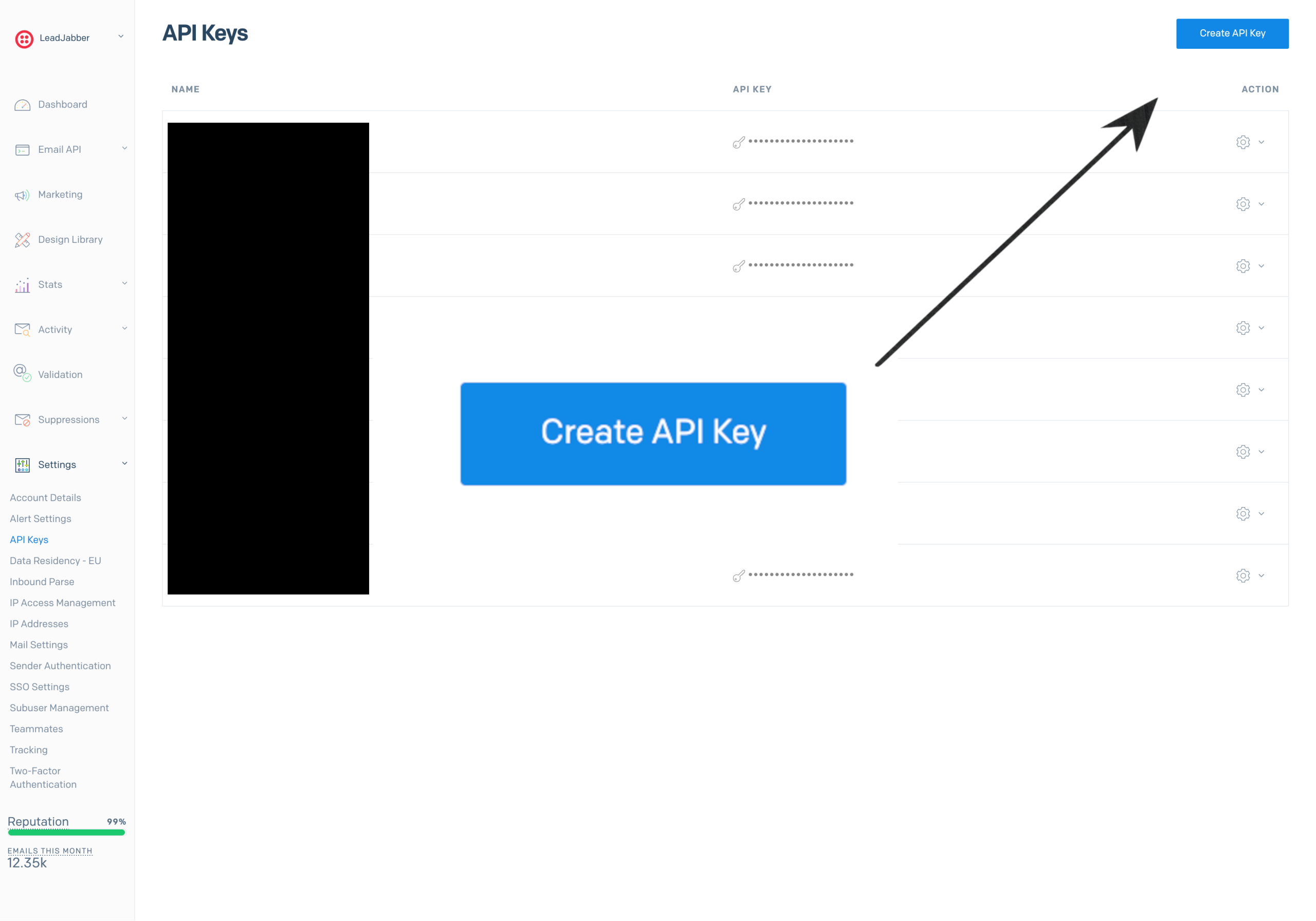 Create API Key panel in SendGrid