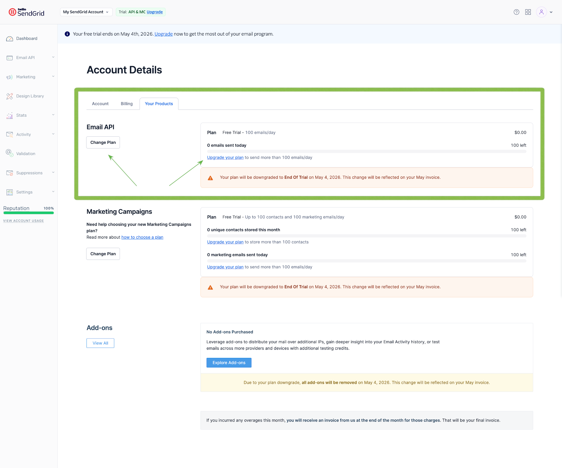 SendGrid plan page for the Email API