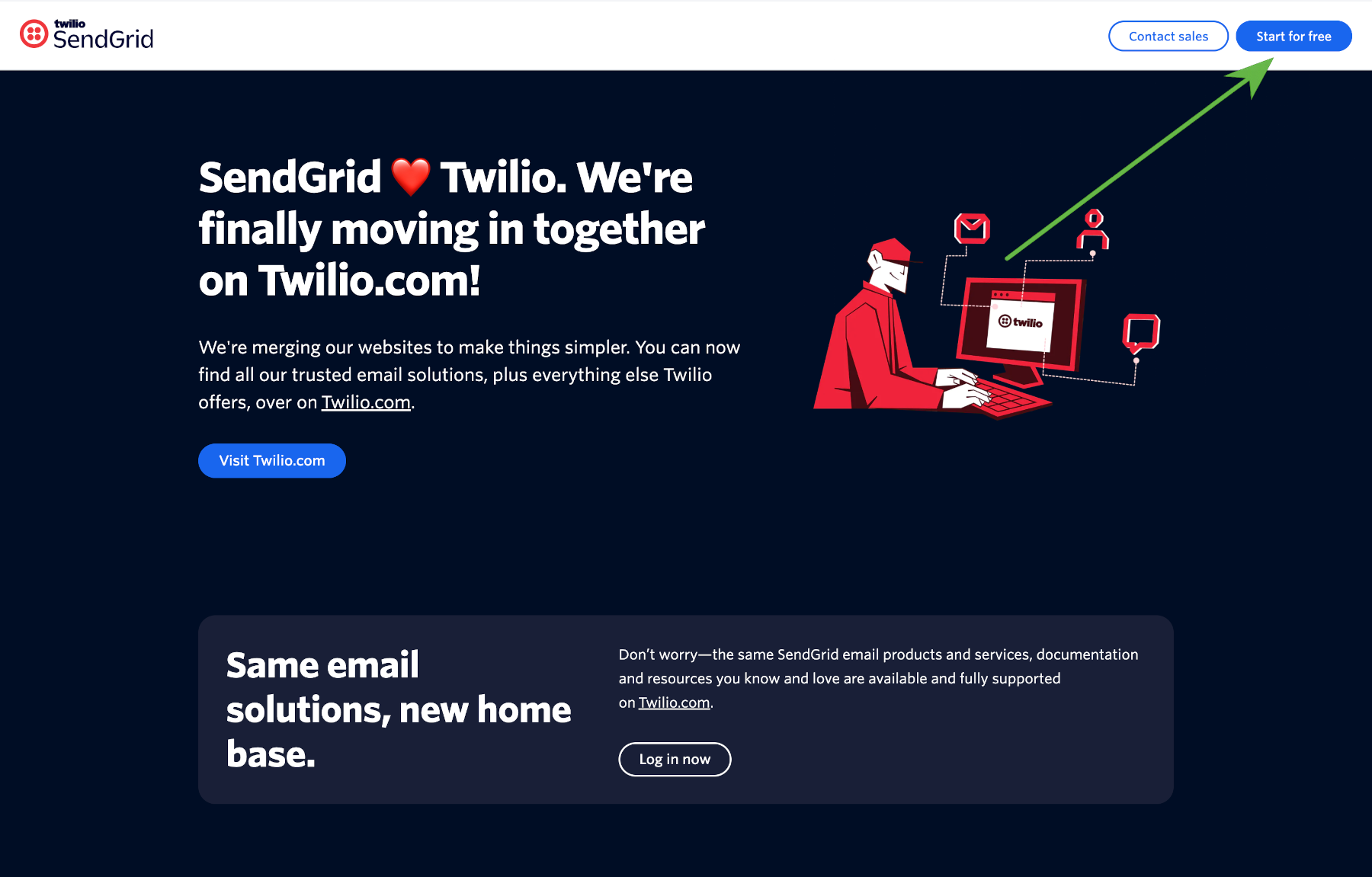 SendGrid website with the Start for free button