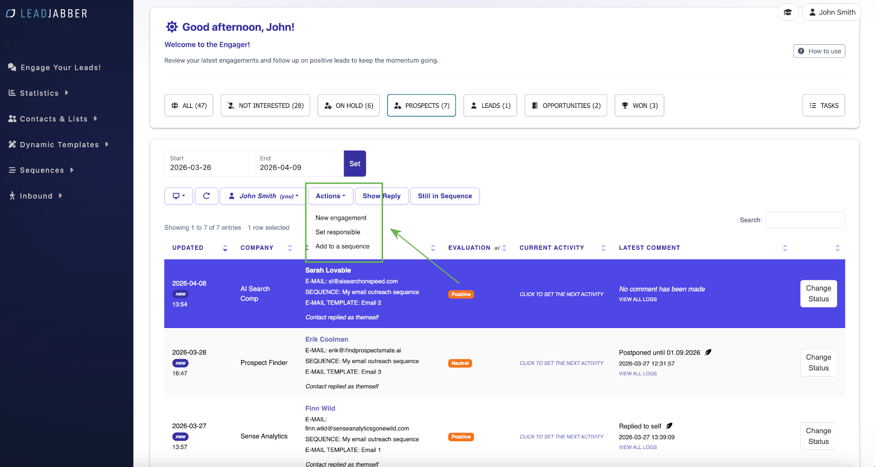 Actions menu in the Engager
