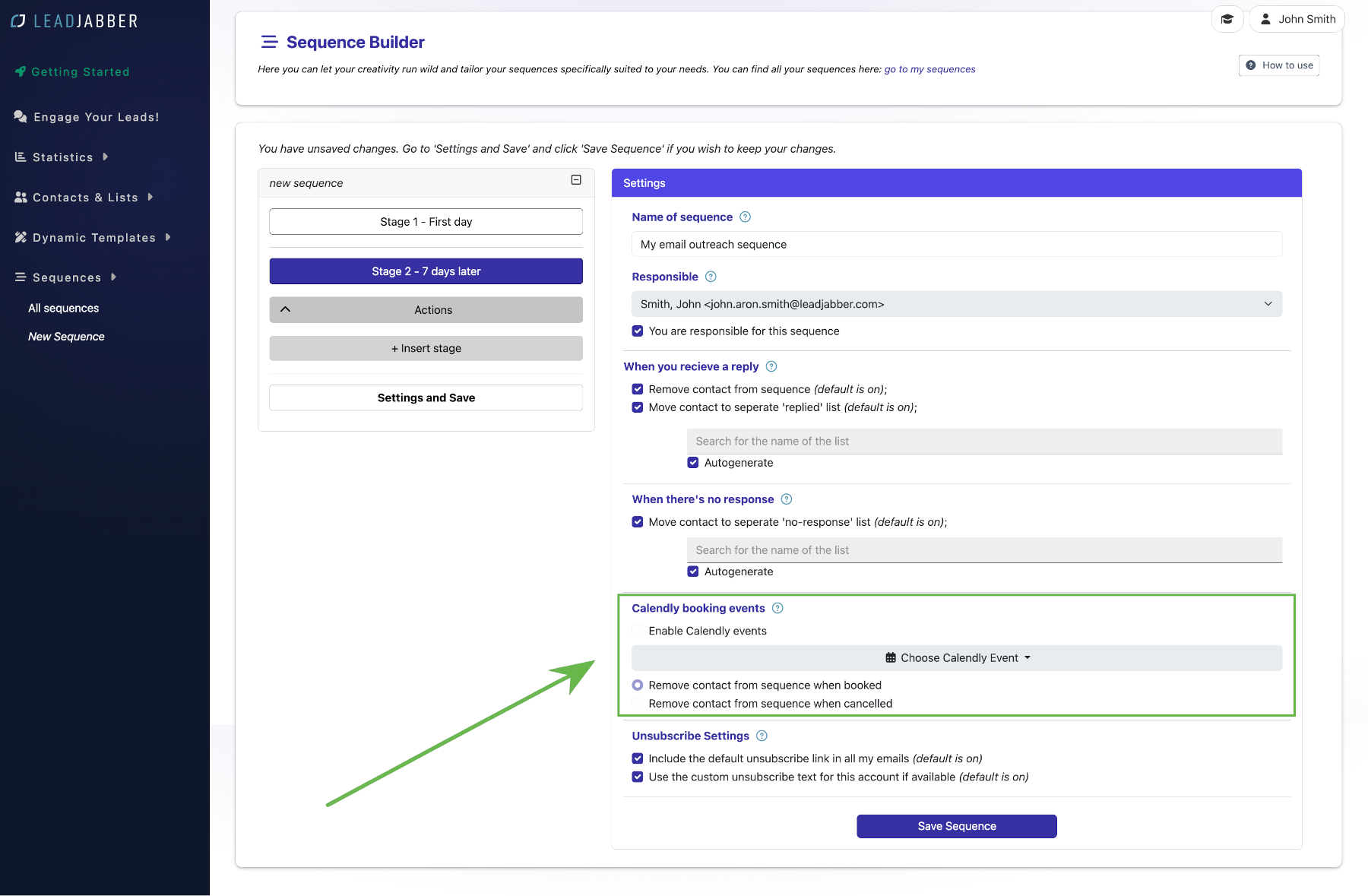 Calendly settings for the sequence