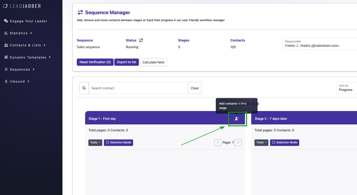 Add contact icon on a stage in the sequence manager