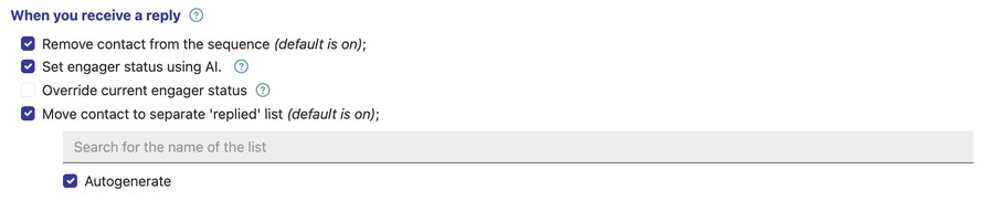When you receive a reply settings in a sequence with Set engager status using AI and Override current engager status